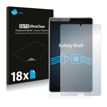 Vorderseite einer Produktverpackung mit dem Markenlogo Savvies. Daneben ist das Gerät Huawei MediaPad M5 8.4 mit dem zugehörig