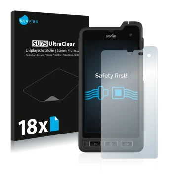 Vorderseite einer Produktverpackung mit dem Markenlogo Savvies. Daneben ist das Gerät Sonim XP8 mit dem zugehörigen Displaysch