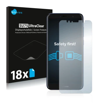 Vorderseite einer Produktverpackung mit dem Markenlogo Savvies. Daneben ist das Gerät Huawei Y6 2018 mit dem zugehörigen Displ