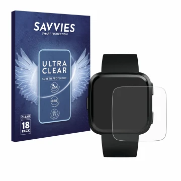 Vorderseite einer Produktverpackung mit dem Markenlogo Savvies. Daneben ist das Gerät Fitbit Versa mit dem zugehörigen Display