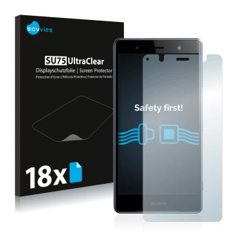 Vorderseite einer Produktverpackung mit dem Markenlogo Savvies. Daneben ist das Gerät Sony Xperia XZ2 Premium mit dem zugehöri