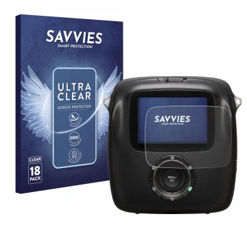 Vorderseite einer Produktverpackung mit dem Markenlogo Savvies. Daneben ist das Gerät Fujifilm Instax Square SQ10 mit dem zuge