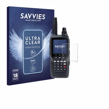 Vorderseite einer Produktverpackung mit dem Markenlogo Savvies. Daneben ist das Gerät Yaesu FTA-450 mit dem zugehörigen Displa