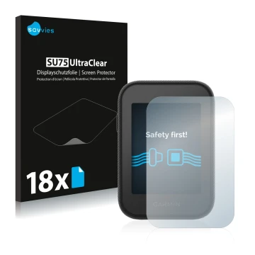 Vorderseite einer Produktverpackung mit dem Markenlogo Savvies. Daneben ist das Gerät Garmin Approach G30 mit dem zugehörigen 