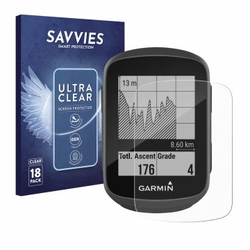 Vorderseite einer Produktverpackung mit dem Markenlogo Savvies. Daneben ist das Gerät Garmin Edge 130 mit dem zugehörigen Disp