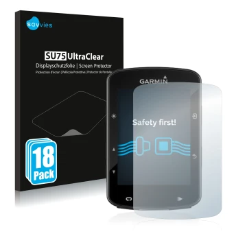 Vorderseite einer Produktverpackung mit dem Markenlogo Savvies. Daneben ist das Gerät Garmin Edge 520 Plus mit dem zugehörigen