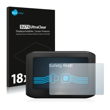 Vorderseite einer Produktverpackung mit dem Markenlogo Savvies. Daneben ist das Gerät Garmin zumo 396 LMT-S mit dem zugehörige