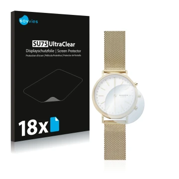 Vorderseite einer Produktverpackung mit dem Markenlogo Savvies. Daneben ist das Gerät Skagen Hybrid Smartwatch Mini Hald (34 m
