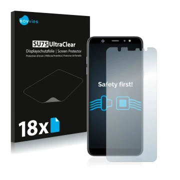 Vorderseite einer Produktverpackung mit dem Markenlogo Savvies. Daneben ist das Gerät Samsung Galaxy A6 Plus 2018 mit dem zuge
