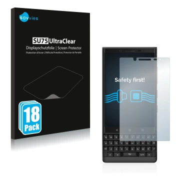 Vorderseite einer Produktverpackung mit dem Markenlogo Savvies. Daneben ist das Gerät BlackBerry Key2 mit dem zugehörigen Disp