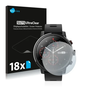 Vorderseite einer Produktverpackung mit dem Markenlogo Savvies. Daneben ist das Gerät Huami Amazfit Stratos mit dem zugehörige