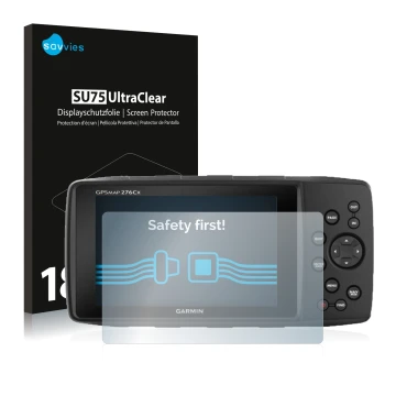 Vorderseite einer Produktverpackung mit dem Markenlogo Savvies. Daneben ist das Gerät Garmin GPSMAP 276Cx mit dem zugehörigen 