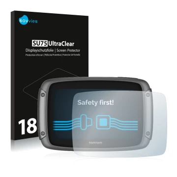 Vorderseite einer Produktverpackung mit dem Markenlogo Savvies. Daneben ist das Gerät TomTom Rider 500 mit dem zugehörigen Dis