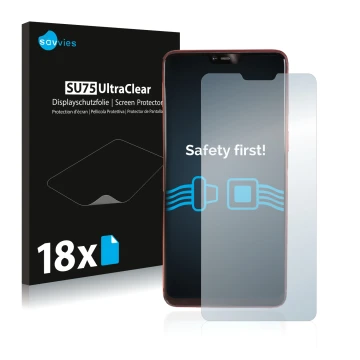 Vorderseite einer Produktverpackung mit dem Markenlogo Savvies. Daneben ist das Gerät Oppo R15 Pro mit dem zugehörigen Display