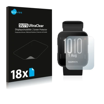 Vorderseite einer Produktverpackung mit dem Markenlogo Savvies. Daneben ist das Gerät Garmin Approach S10 mit dem zugehörigen 