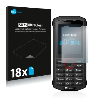 Vorderseite einer Produktverpackung mit dem Markenlogo Savvies. Daneben ist das Gerät Crosscall Spider X4 mit dem zugehörigen 