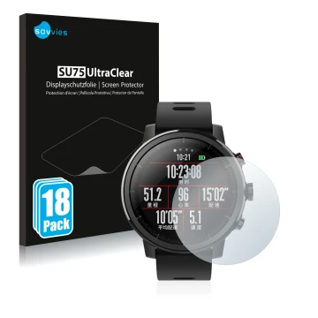 Vorderseite einer Produktverpackung mit dem Markenlogo Savvies. Daneben ist das Gerät Huami Amazfit Stratos 2 mit dem zugehöri