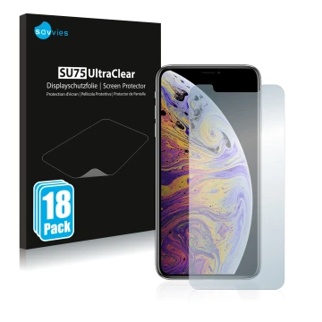 Vorderseite einer Produktverpackung mit dem Markenlogo Savvies. Daneben ist das Gerät Apple iPhone Xs Max mit dem zugehörigen 