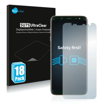 Vorderseite einer Produktverpackung mit dem Markenlogo Savvies. Daneben ist das Gerät Samsung Galaxy J6 2018 mit dem zugehörig