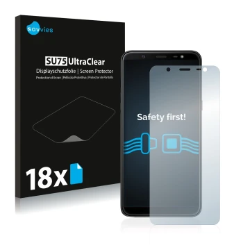 Vorderseite einer Produktverpackung mit dem Markenlogo Savvies. Daneben ist das Gerät Samsung Galaxy J8 2018 mit dem zugehörig