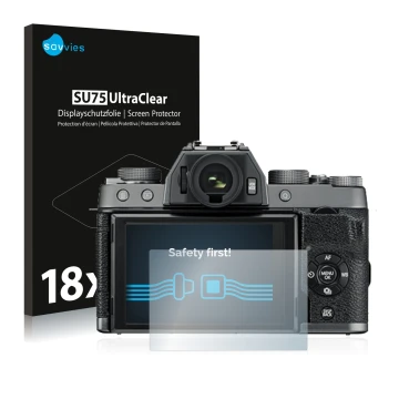 Vorderseite einer Produktverpackung mit dem Markenlogo Savvies. Daneben ist das Gerät Fujifilm X-T100 mit dem zugehörigen Disp