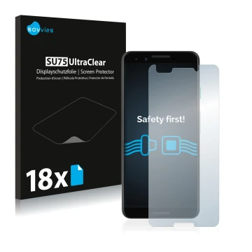 Vorderseite einer Produktverpackung mit dem Markenlogo Savvies. Daneben ist das Gerät Google Pixel 3 mit dem zugehörigen Displ