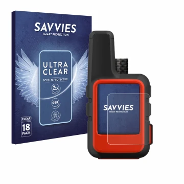 Vorderseite einer Produktverpackung mit dem Markenlogo Savvies. Daneben ist das Gerät Garmin inReach Mini mit dem zugehörigen 