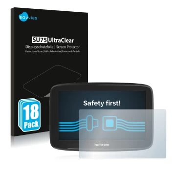 Vorderseite einer Produktverpackung mit dem Markenlogo Savvies. Daneben ist das Gerät TomTom GO Basic 5