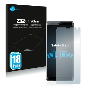 Vorderseite einer Produktverpackung mit dem Markenlogo Savvies. Daneben ist das Gerät Sony Xperia XZ3 mit dem zugehörigen Disp