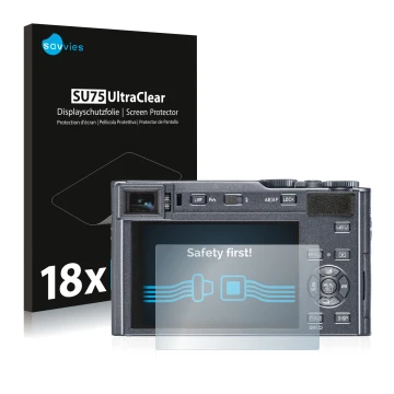 Vorderseite einer Produktverpackung mit dem Markenlogo Savvies. Daneben ist das Gerät Leica C-Lux mit dem zugehörigen Displays