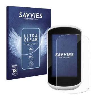 Vorderseite einer Produktverpackung mit dem Markenlogo Savvies. Daneben ist das Gerät Garmin Edge Explore 2018 mit dem zugehör