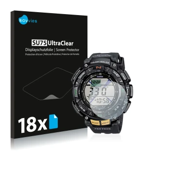 Vorderseite einer Produktverpackung mit dem Markenlogo Savvies. Daneben ist das Gerät Casio Pro Trek PRG-240-1ER mit dem zugeh