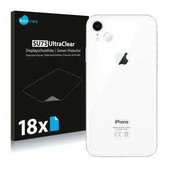 Vorderseite einer Produktverpackung mit dem Markenlogo Savvies. Daneben ist das Gerät Apple iPhone XR (NUR Kameraschutz) mit d