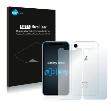 Vorderseite einer Produktverpackung mit dem Markenlogo Savvies. Daneben ist das Gerät Apple iPhone XR (Display+Rückseite) mit 