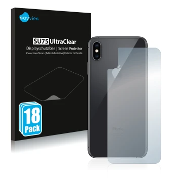 Vorderseite einer Produktverpackung mit dem Markenlogo Savvies. Daneben ist das Gerät Apple iPhone Xs Max (Rückseite) mit dem 
