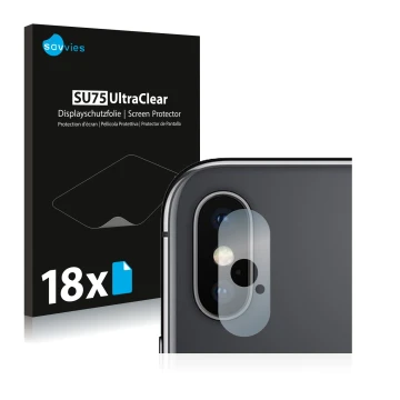 Vorderseite einer Produktverpackung mit dem Markenlogo Savvies. Daneben ist das Gerät Apple iPhone Xs Max (NUR Kameraschutz) m