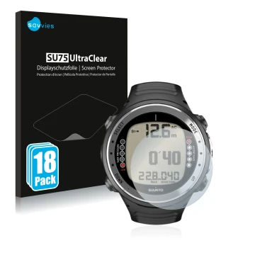 Vorderseite einer Produktverpackung mit dem Markenlogo Savvies. Daneben ist das Gerät Suunto D4I mit dem zugehörigen Displaysc