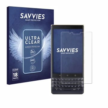 Vorderseite einer Produktverpackung mit dem Markenlogo Savvies. Daneben ist das Gerät BlackBerry Key2 LE mit dem zugehörigen D