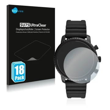 Vorderseite einer Produktverpackung mit dem Markenlogo Savvies. Daneben ist das Gerät Fossil Q Explorist HR (4.Gen) mit dem zu