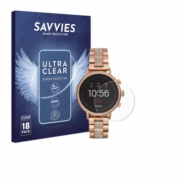 Vorderseite einer Produktverpackung mit dem Markenlogo Savvies. Daneben ist das Gerät Fossil Q Venture HR (4.Gen) mit dem zuge