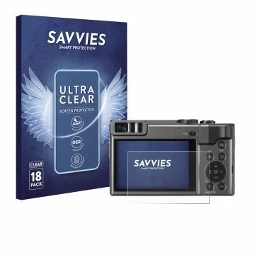 Vorderseite einer Produktverpackung mit dem Markenlogo Savvies. Daneben ist das Gerät Panasonic Lumix DC-TZ90 mit dem zugehöri