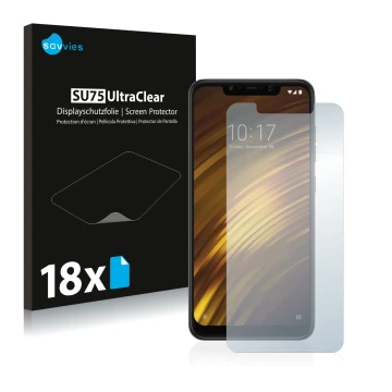 Vorderseite einer Produktverpackung mit dem Markenlogo Savvies. Daneben ist das Gerät Xiaomi Pocophone F1 mit dem zugehörigen 