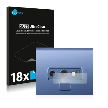 Vorderseite einer Produktverpackung mit dem Markenlogo Savvies. Daneben ist das Gerät Samsung Galaxy Note 9 (NUR Kameraschutz)