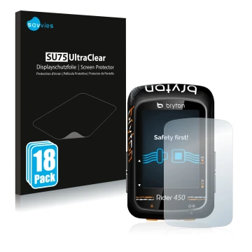 Vorderseite einer Produktverpackung mit dem Markenlogo Savvies. Daneben ist das Gerät Bryton Rider 450 mit dem zugehörigen Dis