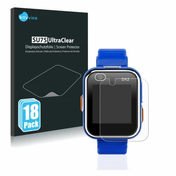 Vorderseite einer Produktverpackung mit dem Markenlogo Savvies. Daneben ist das Gerät Vtech Kidizoom Smart Watch DX2 mit dem z