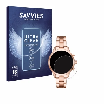 Vorderseite einer Produktverpackung mit dem Markenlogo Savvies. Daneben ist das Gerät Michael Kors Access Runway (41 mm) mit d