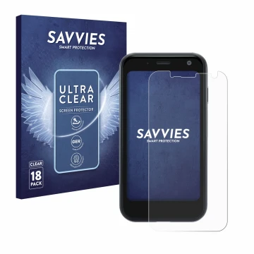 Vorderseite einer Produktverpackung mit dem Markenlogo Savvies. Daneben ist das Gerät Palm Mini Smartphone mit dem zugehörigen