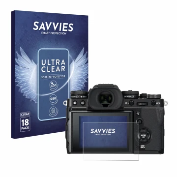 Vorderseite einer Produktverpackung mit dem Markenlogo Savvies. Daneben ist das Gerät Fujifilm X-T3 mit dem zugehörigen Displa