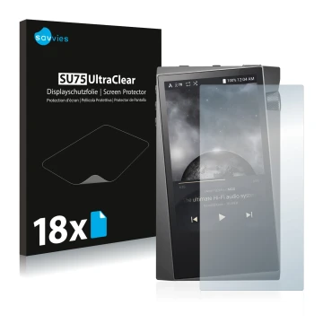 Vorderseite einer Produktverpackung mit dem Markenlogo Savvies. Daneben ist das Gerät Astell&Kern A&norma SR15 mit dem zugehör