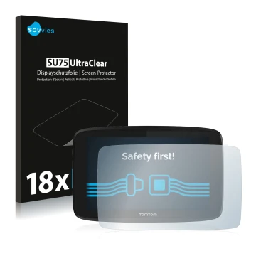 Vorderseite einer Produktverpackung mit dem Markenlogo Savvies. Daneben ist das Gerät TomTom GO Essential 6